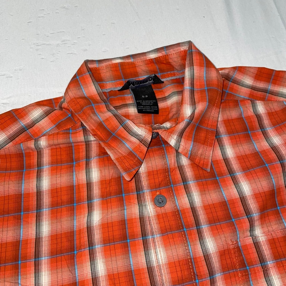 Marmot Mens Orange Plaid Short Sleeve Button Down Hiking Shirt Size Small